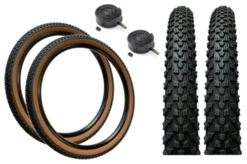 Mountain Bike Tyres : Baldy's PAIR 26 x 2.10 CLASSIC BROWN WALL Off Road Knobby Tread Tyres & Schrader Valve Tubes for MTB Mountain Bikes (Pack of 2)