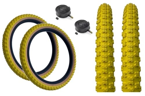 Mountain Bike Tyres : PAIR Baldy's 16 x 1.75 YELLOW With TAN WALL Kids BMX / Mountain Bike Tyres And Schrader Tubes