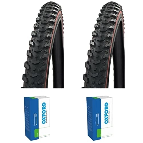 Mountain Bike Tyres : Raleigh Eiger Redline MTB Tyres - 26 x 1.95 (pair) plus Oxford Schrader Valve tubes (pair)