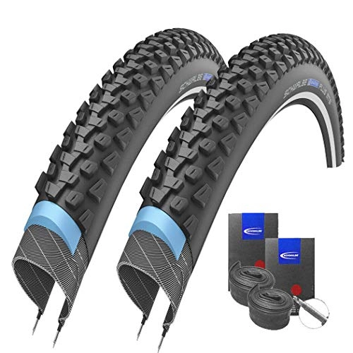 Mountain Bike Tyres : Schwalbe Marathon Plus MTB Reflex Puncture Protection Tyres 26 x 2.10 + Schwalbe Tubes Road Bike Valve Set of 2