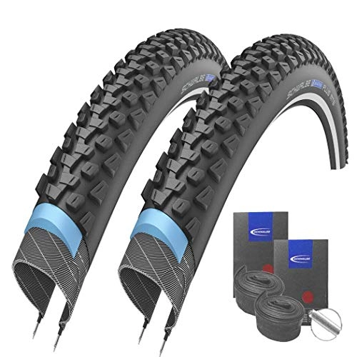 Mountain Bike Tyres : Schwalbe Marathon Plus MTB Reflex Puncture Protection Tyres 26 x 2.25 + Schwalbe Tubes Car Valve Set of 2