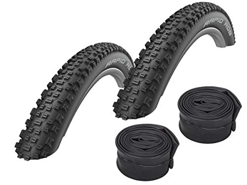 Mountain Bike Tyres : Schwalbe Rapid Rob MTB Tyres 26 x 2.10 + Schwalbe Tubes Road Bike Valve Set of 2 Black