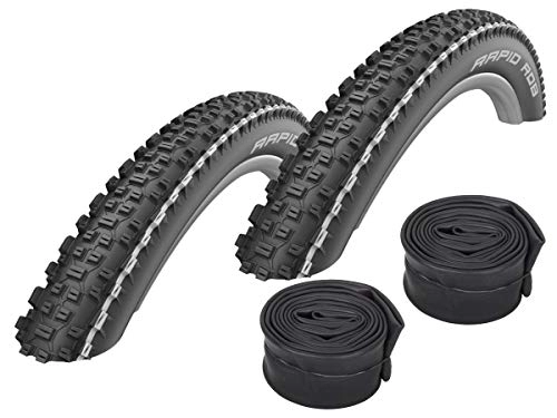 Mountain Bike Tyres : Schwalbe Rapid Rob White Stripes MTB Tyres 26 x 2.25 + Schwalbe Tubes Road Bike Valve Set of 2