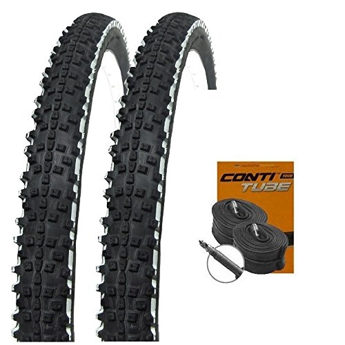 Mountain Bike Tyres : Set of 2 x Schwalbe Smart Sam White Stripes MTB Tyres 26 x 2.25 + Conti Tubes Road Bike Valve