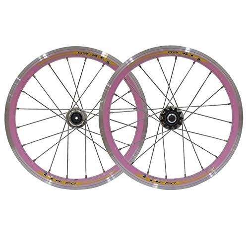Mountain Bike Wheel : 16 Inch Mountain Bike Wheelset MTB Bicycle Wheels Double Wall Alloy Rim Cassette Hub V Brake Quick Release Front Rear 11 Speed (Color : Pink)