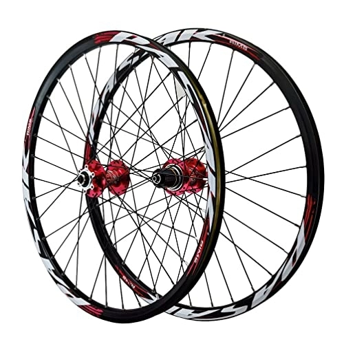 Mountain Bike Wheel : 24 Inch Mountain Bike Wheelset Quick Release Folding Bicycle Wheels 32H Mechanical Disc Brakes MTB Rim 8 9 10 11 12 Speed Cassette Front 2 Rear 4 Bearings 1886g (Color : Red, Size : 24inch)