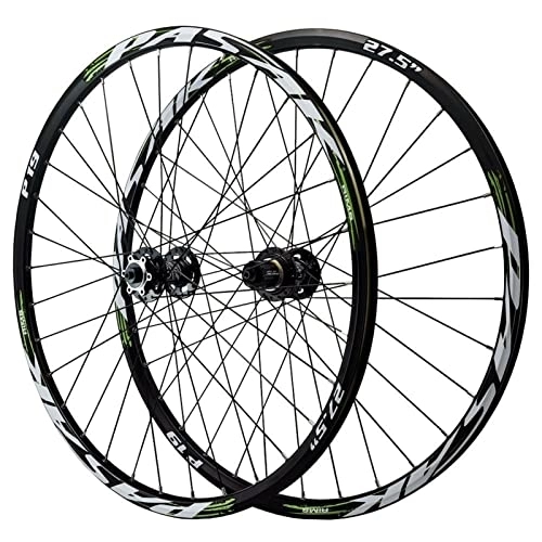 Mountain Bike Wheel : 26 / 27.5 / 29 Inch Bicycle Wheel Mountain Bike Wheelset Double-layer Aluminum Alloy 7-12 Speed Quick Release Six Claws Disc Brake Rim Front Rear Wheel ( Color : Black hub green label , Size : 27.5inch )