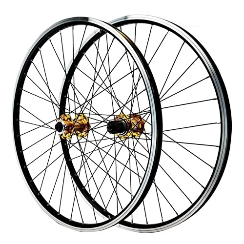 Mountain Bike Wheel : 26 27.5 29 Inch Bike Wheelset Mountain Bicycle Rim Disc / V Brake Front 2 Rear 4 Bearings 32 Holes HG Wheels 7-12 Speed Quick Release Cassette 2200g (Color : Gold, Size : 27.5inch)