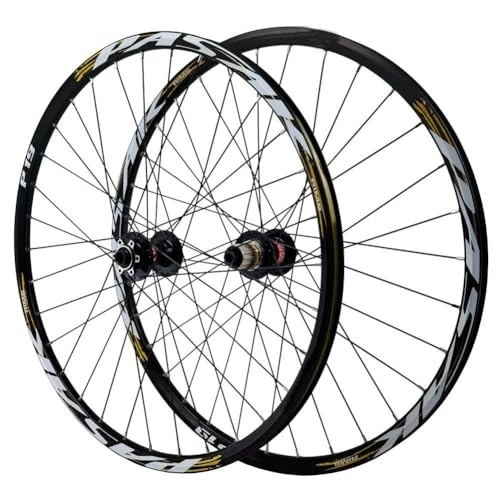 Mountain Bike Wheel : 26 / 27.5 / 29 Inch MTB Wheelset Thru Axle Disc Brake Mountain Bike Wheels Aluminum Alloy Rim Front And Rear Wheels 7 / 8 / 9 / 10 / 11 / 12 Speed Cassette Freewheel 32 Holes (Color : Gold, Size : 26'')
