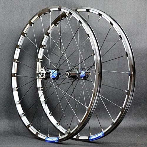 Mountain Bike Wheel : 26'' 27.5'' Mountain Bicycle Wheels Set Front Rear Bike Wheelset Double Wall Rim 24 Holes Quick Release Disc Brake For 7 / 8 / 9 / 10 / 11 / 12 Speed (Color : Black and blue hub, Size : 26inch)