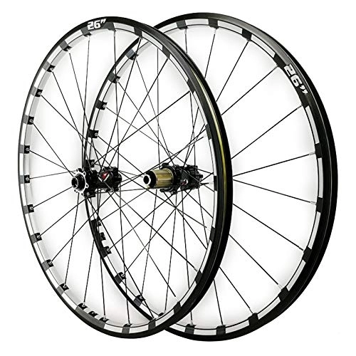 Mountain Bike Wheel : 26 / 27.5in Mtb Front Rear Wheel Thru axle Mountain Bike Wheel Set Disc Brake Three Sides CNC 7 / 8 / 9 / 10 / 11 / 12 Speed 24 Holes (Color : Black hub, Size : 26in)