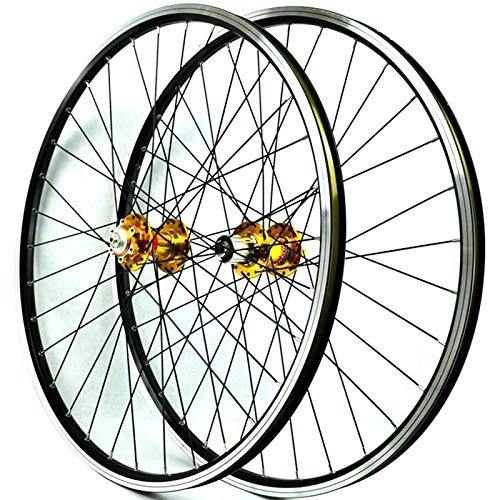 Mountain Bike Wheel : 26 Inch Bike Wheel Set Front 2 Rear 4 Bearing Hub Quick Release Disc / V-Brake 6 Claws Mountain Bicycle Wheelset 7-11 Speed Cassette Flywheel (Color : Gold hub)
