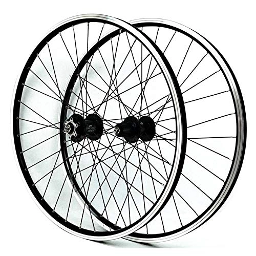 Mountain Bike Wheel : 26 Inch Mountain Bike Wheelset Double Wall Aluminum Alloy Disc / V-Brake Cycling Bicycle Wheels Front 2 Rear 4 Palin 32 Hole 7-11 Speed Freewheel (Color : Black hub)