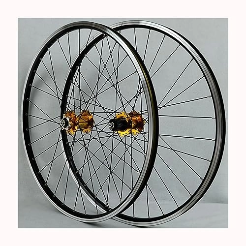 Mountain Bike Wheel : 26 Inch Mountain Bike Wheelset V-brake Disc Brake Dual-purpose Rims Sealed Bearing Hubs Support 8-12 Speed Cassette Quick Release Wheel Set (Color : Gold)