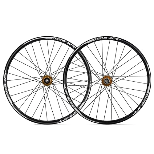 Mountain Bike Wheel : 26 Inch MTB Bike Wheelset Aluminum Alloy Disc Brake Mountain Cycling Wheels For 7 8 9 10 11 Speed Quick Release Front Rear Wheels 32H (Color : Gold)