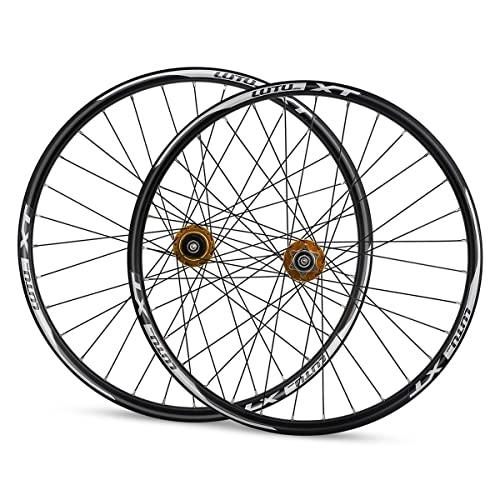Mountain Bike Wheel : 26inch Mountain Bike Wheelset MTB Bicycle Wheel Set Aluminum Alloy Disc Brake For 7 / 8 / 9 / 10 / 11 Speed Quick Release 32 Holes (Color : Gold)