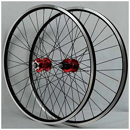Mountain Bike Wheel : AINUO MTB Bicycle Wheelset For 26 Inch Bike Wheel Double Layer Alloy Rim Sealed Bearing Disc / Rim Brake QR 7-11 Speed 32H (Color : Red Hub)