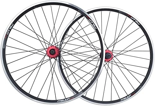 Mountain Bike Wheel : Amdieu Wheelset 26in Bicycle Wheel Set, Double Walled Alloy Rim V / Disc Brake 32H QR 7-10 Speed Ball Bearing Cassette Hubs MTB Bike Wheels road Wheel (Color : Red hub, Size : 26inch)