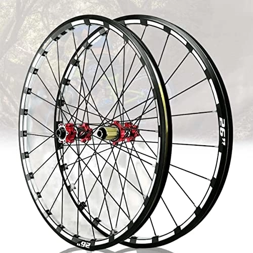 Mountain Bike Wheel : Asiacreate Thru Axle Bike Wheelset 26'' 27.5'' 29'' Mountain Bicycle Front Rear Wheel Set Double Layer Disc Brake 24-Hole Straight-Pull Hub For 7 8 9 10 11 12 Speed (Color : Red, Size : 26IN)