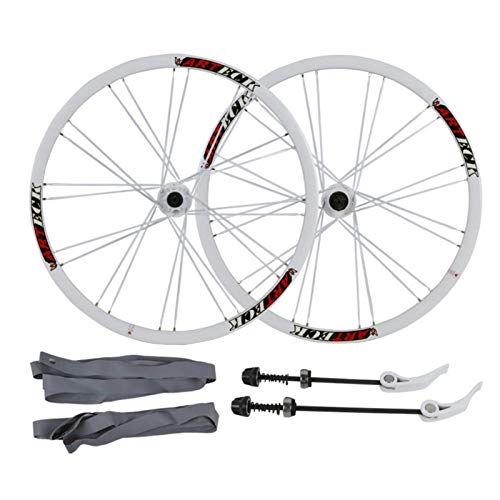 Mountain Bike Wheel : Bicycle Wheelset 26in Cycling Wheels, 24 Holes Disc Brake Quick Release Aluminum Alloy Flat Spokes Mountain Bike Wheels (Color : White, Size : 26in)