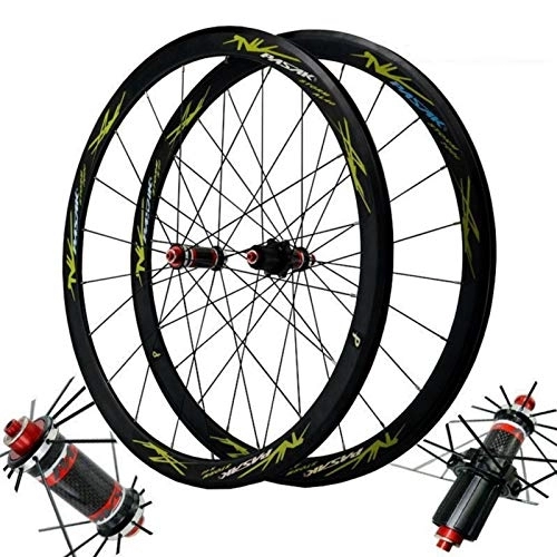 Mountain Bike Wheel : Bicycle Wheelset 700C Bicycle Wheelset, Carbon Fiber Double Wall MTB Rim Cycling Wheels Circle Height 40MM Quick Release C / V Brake (Color : Green, Size : 40mm)