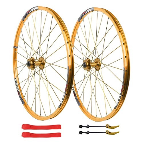 Mountain Bike Wheel : Bike Wheelset 26 Inch MTB Mountain Bike Cycling Wheels Disc Brake 7 / 8 / 9 / 10 Speed Card Hub Double Wall Alloy Rim Front Rear Wheel Set (Color : Gold)
