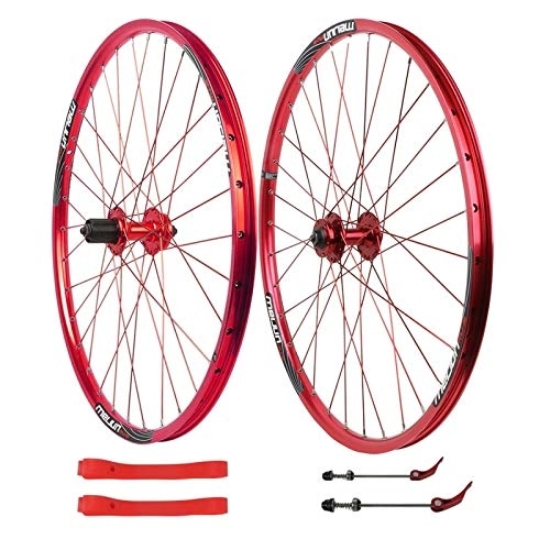 Mountain Bike Wheel : Bike Wheelset 26 Inch MTB Mountain Bike Cycling Wheels Disc Brake 7 8 9 10 Speed Card Hub Double Wall Alloy Rim Front Rear Wheel Set (Color : Red)