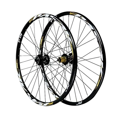 Mountain Bike Wheel : CHICTI 26 / 27.5 / 29in Bicycle Wheelset, Aluminum Alloy Double Wall MTB Rim Front 2 Rear 4 Bearings Disc Brake 12 / 15MM Barrel Shaft Outdoor (Color : Yellow, Size : 29in / 20mmaxis)