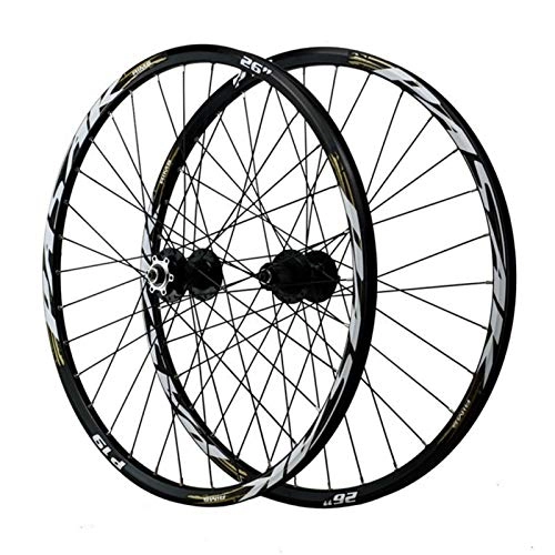 Mountain Bike Wheel : CHICTI 29in Cycling Wheelsets, Double Wall 32 Holes Quick Release First 2 Last 5 Bearing Disc Brake Mountain Wheel Set Outdoor (Color : Black gold, Size : 29in)