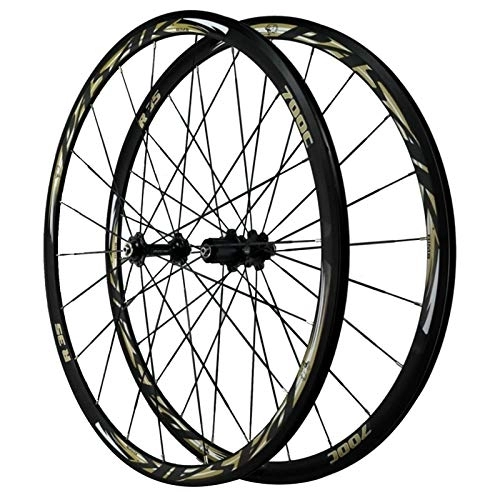 Mountain Bike Wheel : CHICTI 700C Bike Wheels, Double Wall MTB Rim Four Bearings Quick Release 7-12 Speed Flywheel Road Bike Wheels Outdoor (Color : Tyrant Gold)