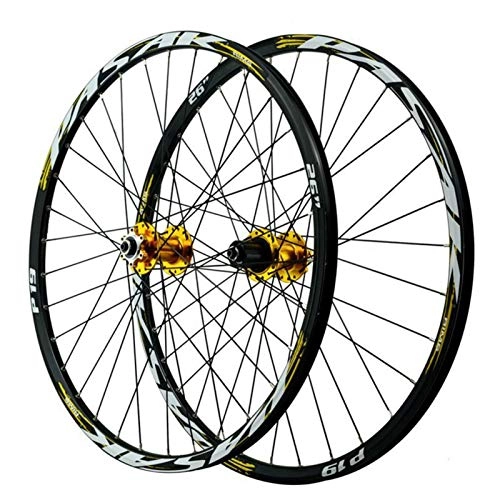 Mountain Bike Wheel : CHICTI MTB Bike Wheels, 32 Holes Quick Release Aluminum Alloy Cycling Wheelsets First 2 Rear 5 Bearings Disc Brake Outdoor (Color : Yellow, Size : 26in)