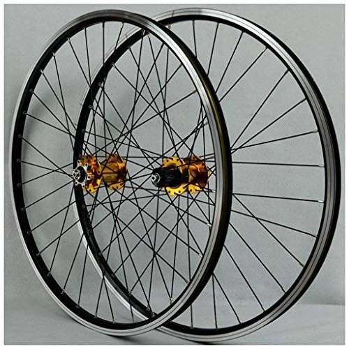 Mountain Bike Wheel : CHP MTB Bicycle Wheelset For 26 Inch Bike Wheel Double Layer Alloy Rim Sealed Bearing Disc / Rim Brake QR 7-11 Speed 32H (Color : Gold Hub)