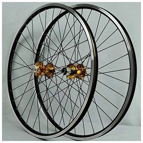 Mountain Bike Wheel : Components MTB 32H Wheelset For Bicycle 26 Inch Mountain Bike Wheel Double Layer Alloy Rim Disc / Rim Brake 7-11speed Cassette Hubs Sealed Bearing QR (Color : Gold hub, Size : 26inch)
