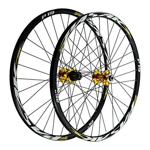 Mountain Bike Wheel : Front Rear Bike Wheel Set，26 / 27.5 / 29 Inch MTB Wheelset Double Wall Rim 6 Nail Disc Brake Quick Release 32 Hole For 7-12 speed Flywheel (Color : Gold Hub Gold Label, Size : 29in)