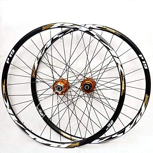 Mountain Bike Wheel : HJRD Bicycle Wheelset, Mountain Bike Wheels, 26 / 27.5 / 29 Inch Bicycle Wheelset Front Rear Wheelset Double-Walled MTB Rim Fast Release Disc Brake, 7-11 speed, 32Holes, yellow(26)