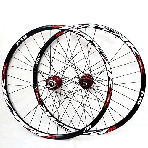 Mountain Bike Wheel : HJRD Mountain Bike Wheelset, 26 / 27.5 / 29 Inch Bicycle Wheel Red (Front + Rear) Double Walled Aluminum Alloy MTB Rim Fast Release Disc Brake 32H 7-11 Speed(26)