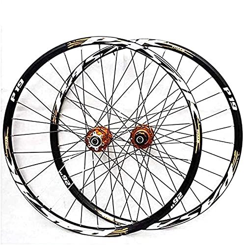 Mountain Bike Wheel : HXJZJ Mountain Bike Wheelset, 29 / 26 / 27.5 Inch Bicycle Wheel (Front + Rear) Double Walled Aluminum Alloy MTB Rim Fast Release Disc Brake 32H 7-11 Speed, Yellow-29in