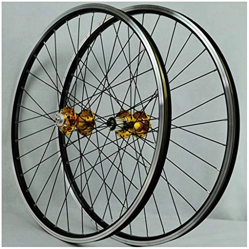 Mountain Bike Wheel : LHHL MTB Bike Wheel 26 Inch Double Wall Alloy Rims Disc / V Brake Bicycle Wheelset QR Sealed Bearing Hubs 6 Pawls 7-11 Speed Cassette 24H (Color : Gold hubs, Size : 26")