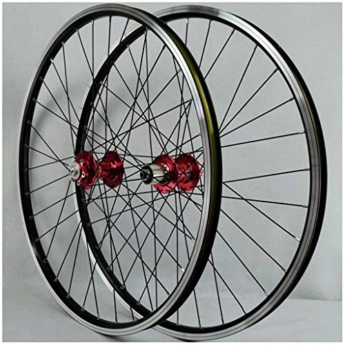 Mountain Bike Wheel : LHHL MTB Bike Wheel 26 Inch Double Wall Alloy Rims Disc / V Brake Bicycle Wheelset QR Sealed Bearing Hubs 6 Pawls 7-11 Speed Cassette 24H (Color : Red hubs, Size : 26")