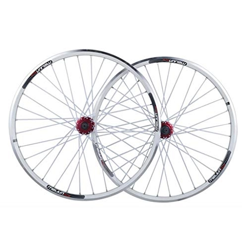 Mountain Bike Wheel : LHHL MTB Bike Wheelset 26 Inch Bicycle Front And Rear Wheel Double Wall Alloy Rims Cassette Fiywheel Hub Disc / V Brake 7 / 8 / 9 / 10 Speed 32H (Color : White)