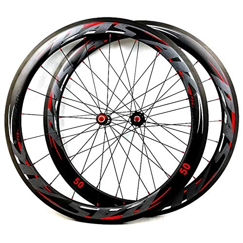 Mountain Bike Wheel : LHLCG 700C Road Wheel Set Carbon Fiber Straight Pull Flower Drum V Brake Bicycle Wheels Black, Opentire, 50MM