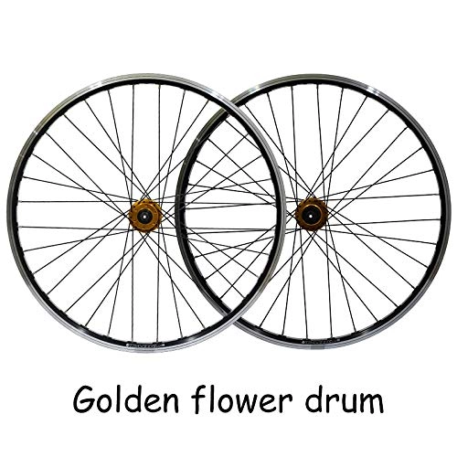 Mountain Bike Wheel : LI-Q 26" Wheels set Front and Rear Mountain Bike Disc brake and Brake Wheels, 7, 8, 9, 10 SPEED double wall v section rims (26" / FRONT + REAR), Gold