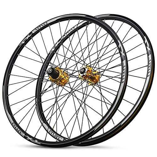 Mountain Bike Wheel : LICHUXIN Mountain Bike Rims MTB Wheelset 26 Aluminum Alloy Rim Disc Brake Quick Release 32H Front Rear Wheels Bike Wheels fit 8 9 10 11 Speed Cassette Bicycle Wheelset (Color : Yellow)