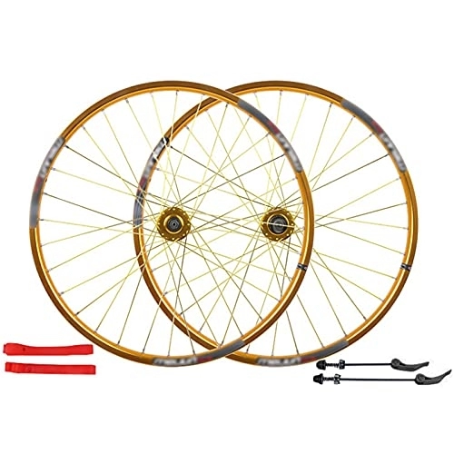 Mountain Bike Wheel : LYRONG MTB Wheelset, 26 Inch High Strength Aluminum Alloy Rim Mountain Bike Wheels, Clincher Carbon Hub, Disc Brake Quick Release Fit for 7-9 Speed Freewheels, Gold