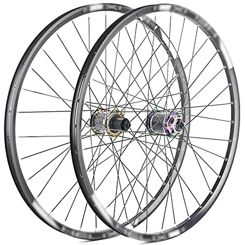 Mountain Bike Wheel : LYRONG MTB Wheelset, High Strength Aluminum Alloy Rim Mountain Bike Wheels, Clincher Carbon Hub, Disc Brake Quick Release Fit for 7-10 Speed Freewheels, Colorful_27 Inches
