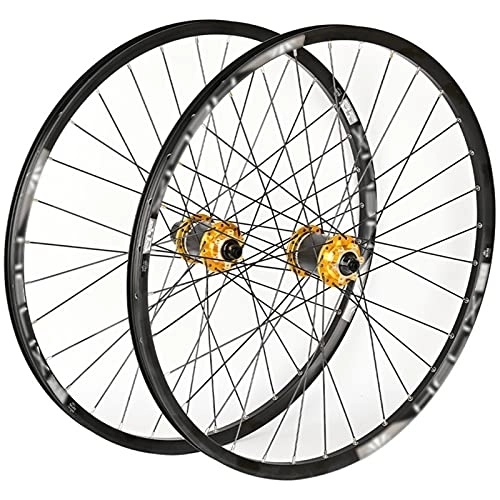 Mountain Bike Wheel : LYRONG MTB Wheelset, High Strength Aluminum Alloy Rim Mountain Bike Wheels, Clincher Carbon Hub, Disc Brake Quick Release Fit for 7-10 Speed Freewheels, Gold_29 Inches