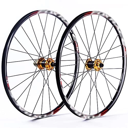 Mountain Bike Wheel : LYRONG MTB Wheelset, High Strength Aluminum Alloy Rim Mountain Bike Wheels, Clincher Carbon Hub, Disc Brake Quick Release Fit for 7-11 Speed Freewheels, Black_Gold_26 Inches