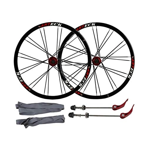 Mountain Bike Wheel : Mountain Bike Bicycle Wheelset, 26in Six Holes Disc Brake Wheel Aluminum Alloy Flat Spokes Cycling Wheelsets (Color : Red hub, Size : 26inch)