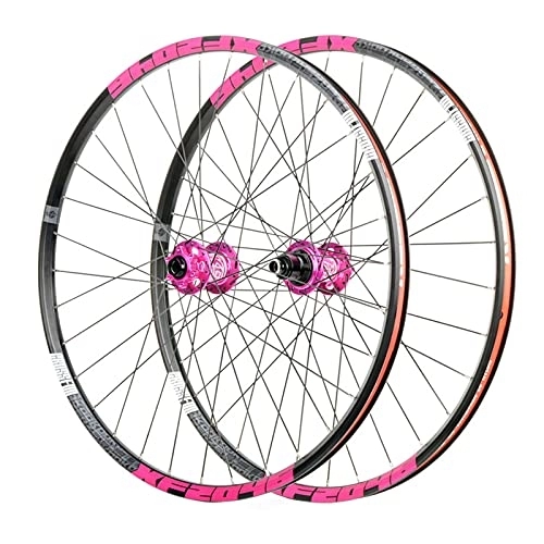 Mountain Bike Wheel : Mountain Bike Wheelset, Aluminum Alloy Rim Brake MTB Wheelset, Quick Release Front Rear Wheels Black Bike Wheels, Pink_26 Inch