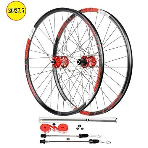 Mountain Bike Wheel : MTB 26 Inch Bike Bicycle Wheelset, Double Wall Aluminum Alloy Quick Release Hybrid / Mountain Disc Rim Brake 11 Speed Sealed Bearings Hub Wheels (Color : Red, Size : 27.5 inch)